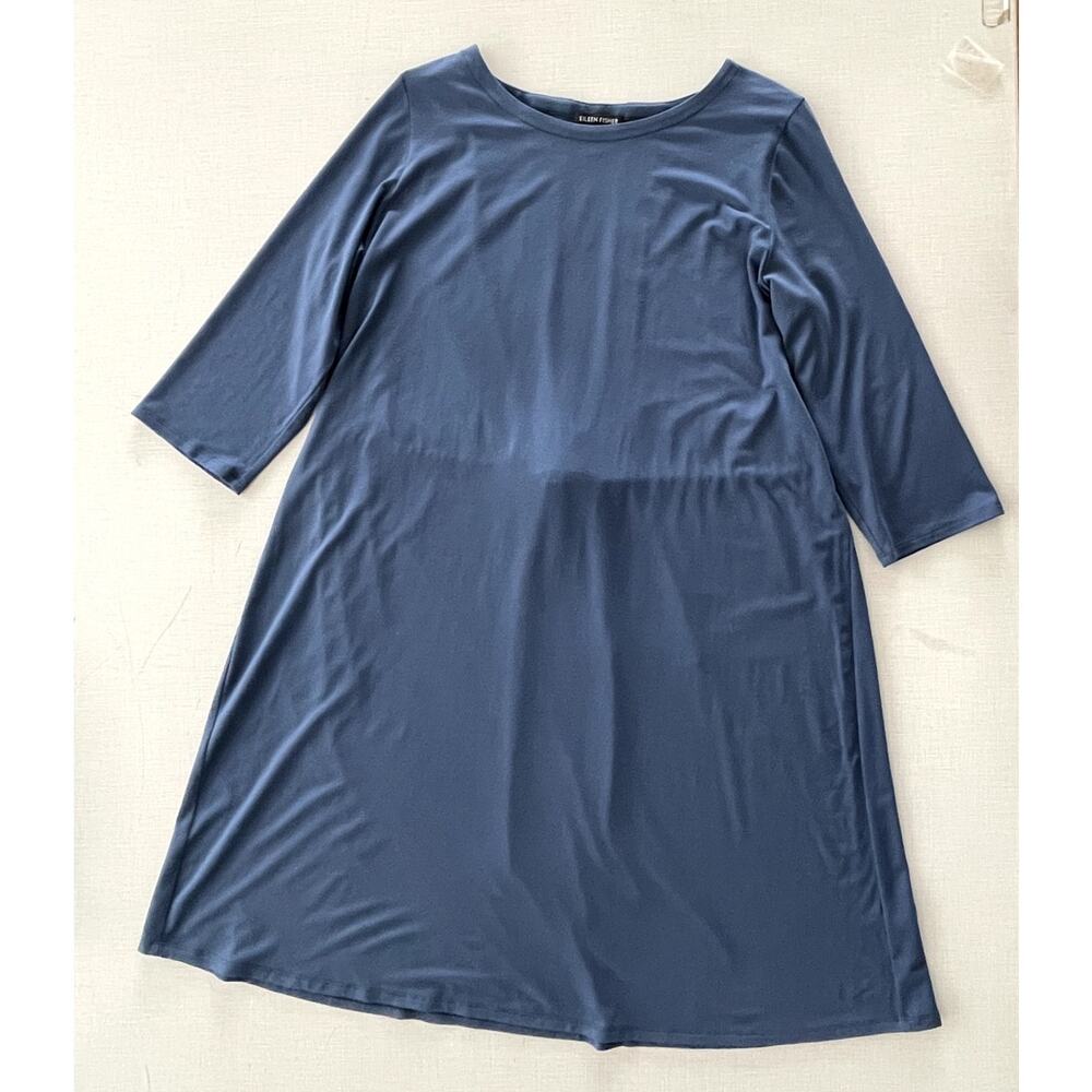 Eileen Fisher Sz L Drawstring Back Dress Blue A-Line Lagenlook Minimalist Sleek - Picture 3 of 11
